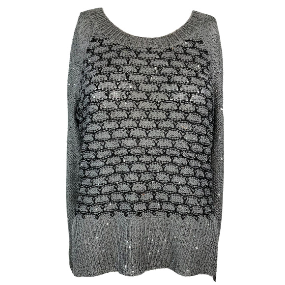 Miss Kelly 1999 Sweater Womens‎ Sz S Gray Black Sequin Sparkle Knit High Low - Picture 1 of 8